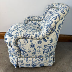 Custom Upholstered Armchair Indigo and Cream Turkish Flower Pattern with Braid Welting, Seat Cushion is a Foam and Down Combination, Sku 033298