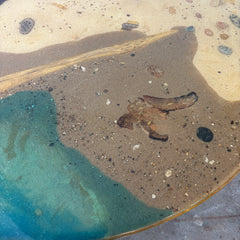 "Waters Edge" Table Top by Rob Roy on a Black Steel Tulip Base by Burke, 1960's Era Table w/ Seashells