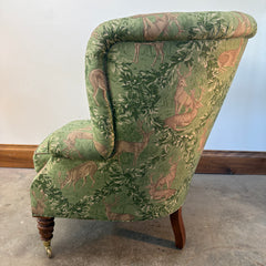 Baker / Slifer Designs Tufted Back Armchair Turned legs on Casters Green Deer Motif Fabric & Footstool, Sku 033229
