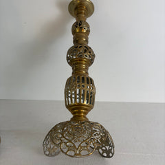Pair of Large Brass Candlesticks with Filigree Detail. Sku, 032983