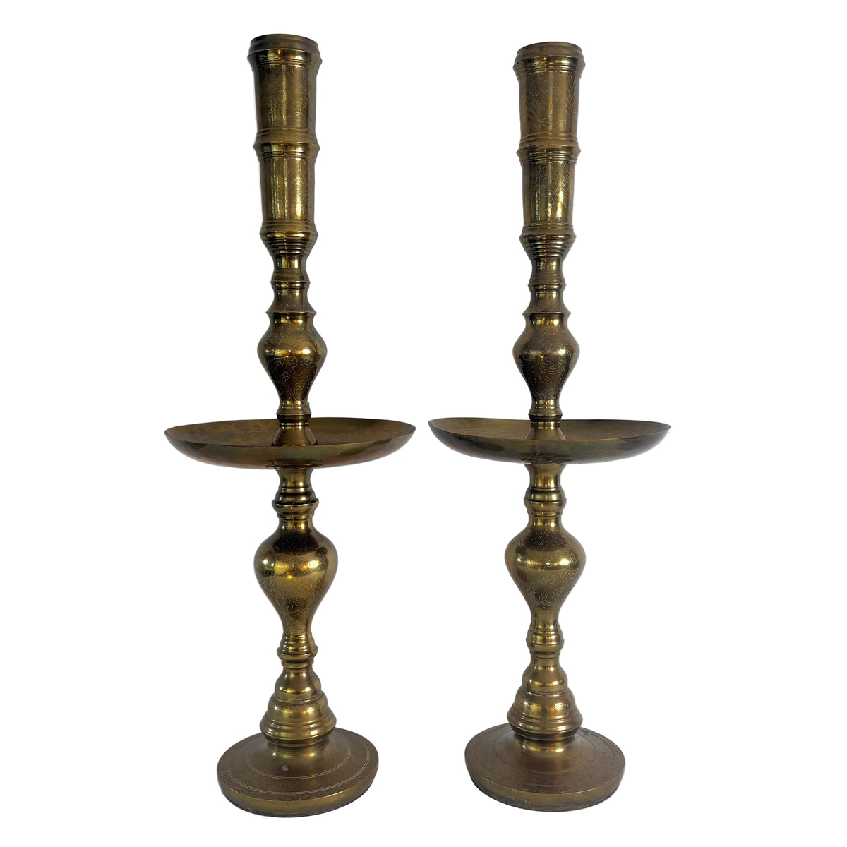 Pair of Large Brass Candlesticks with Drip Plate. Sku, 032982