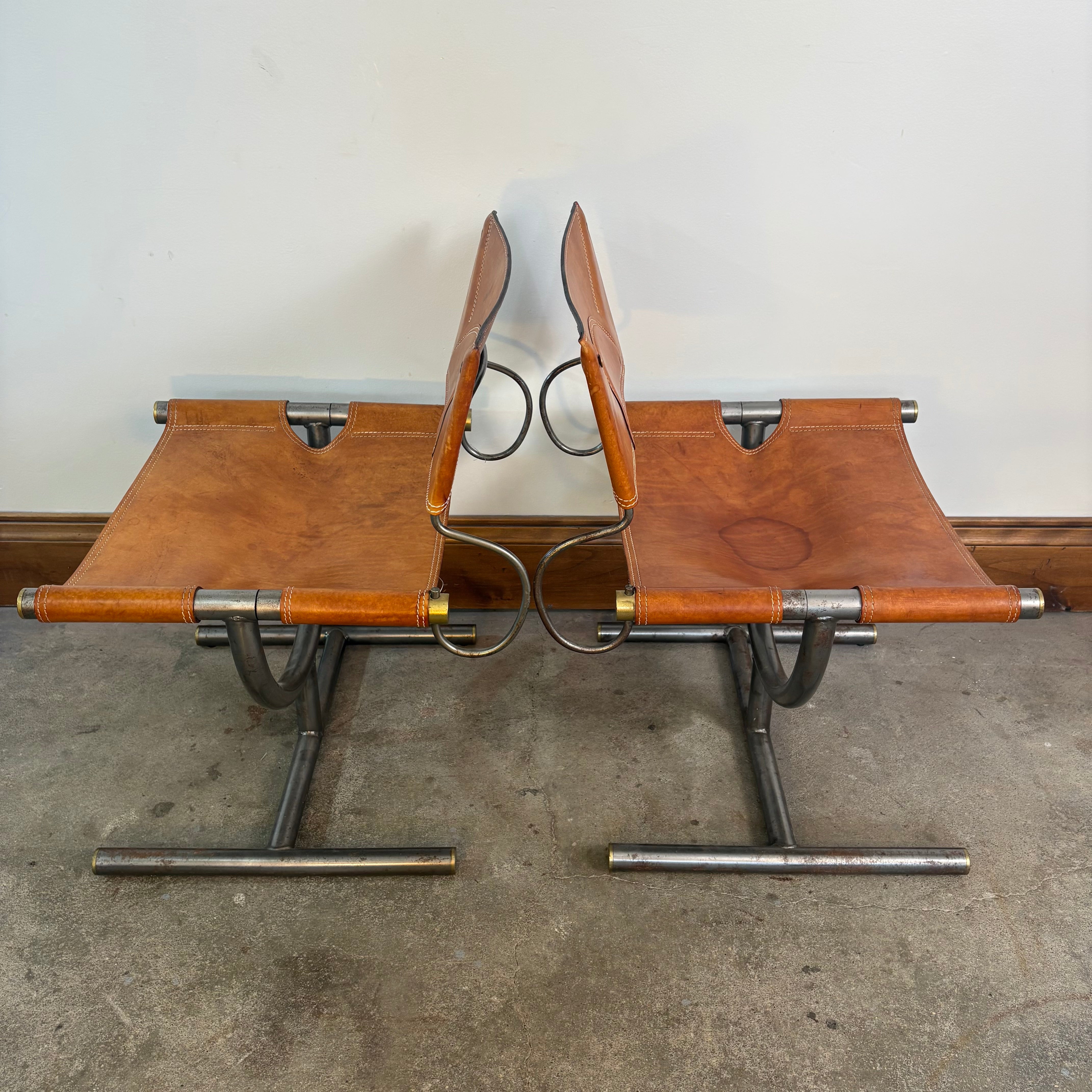 Pair Leather Chairs, Afra and Tobia Scarpa for Benetton, Steel Frame, Brass Detail, Sku: 032993
