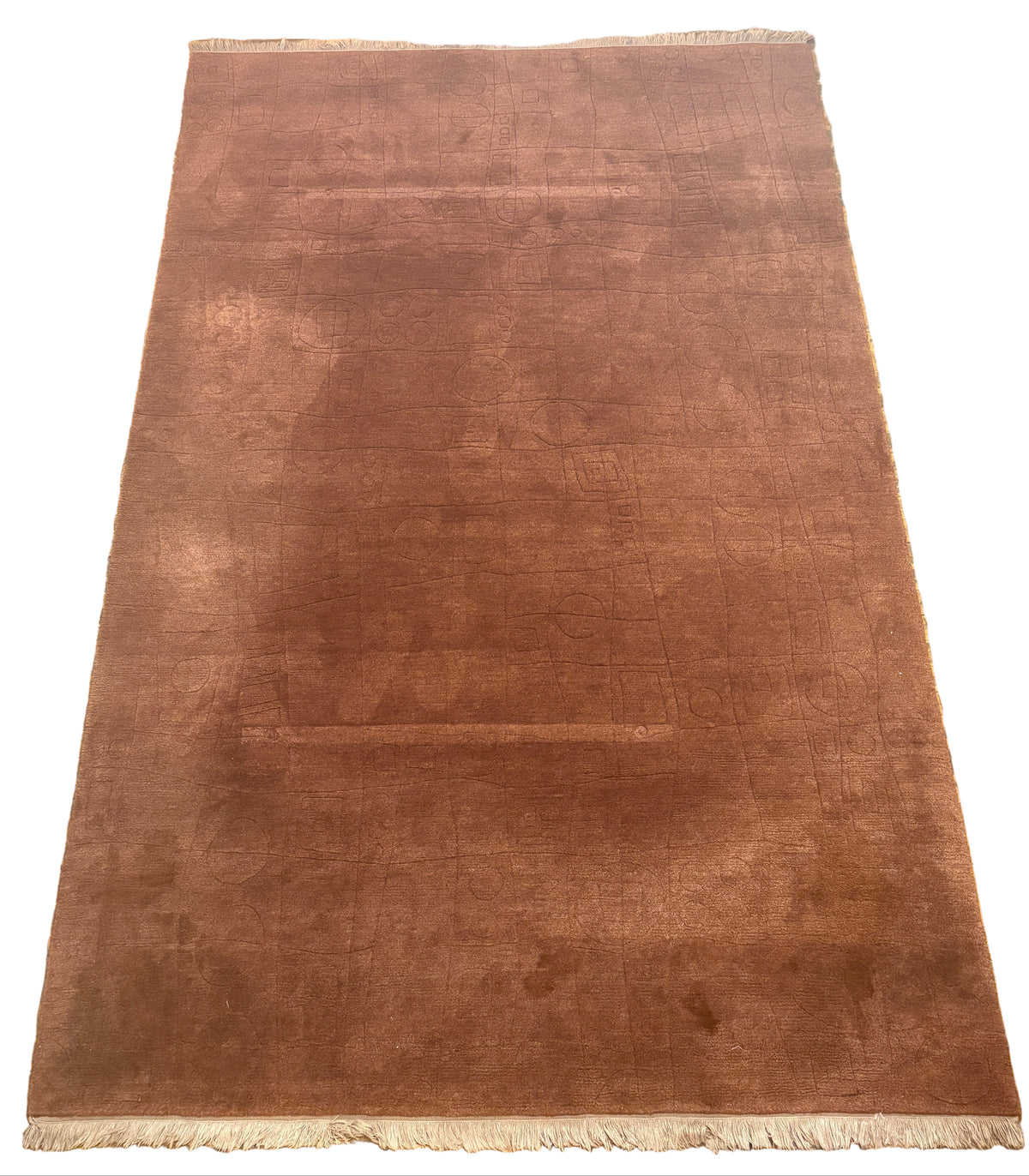 100% Wool Hand Knotted Rug from Nepal Rust Tone on Tone Design with Taupe Fringe Rust, Sku 033280