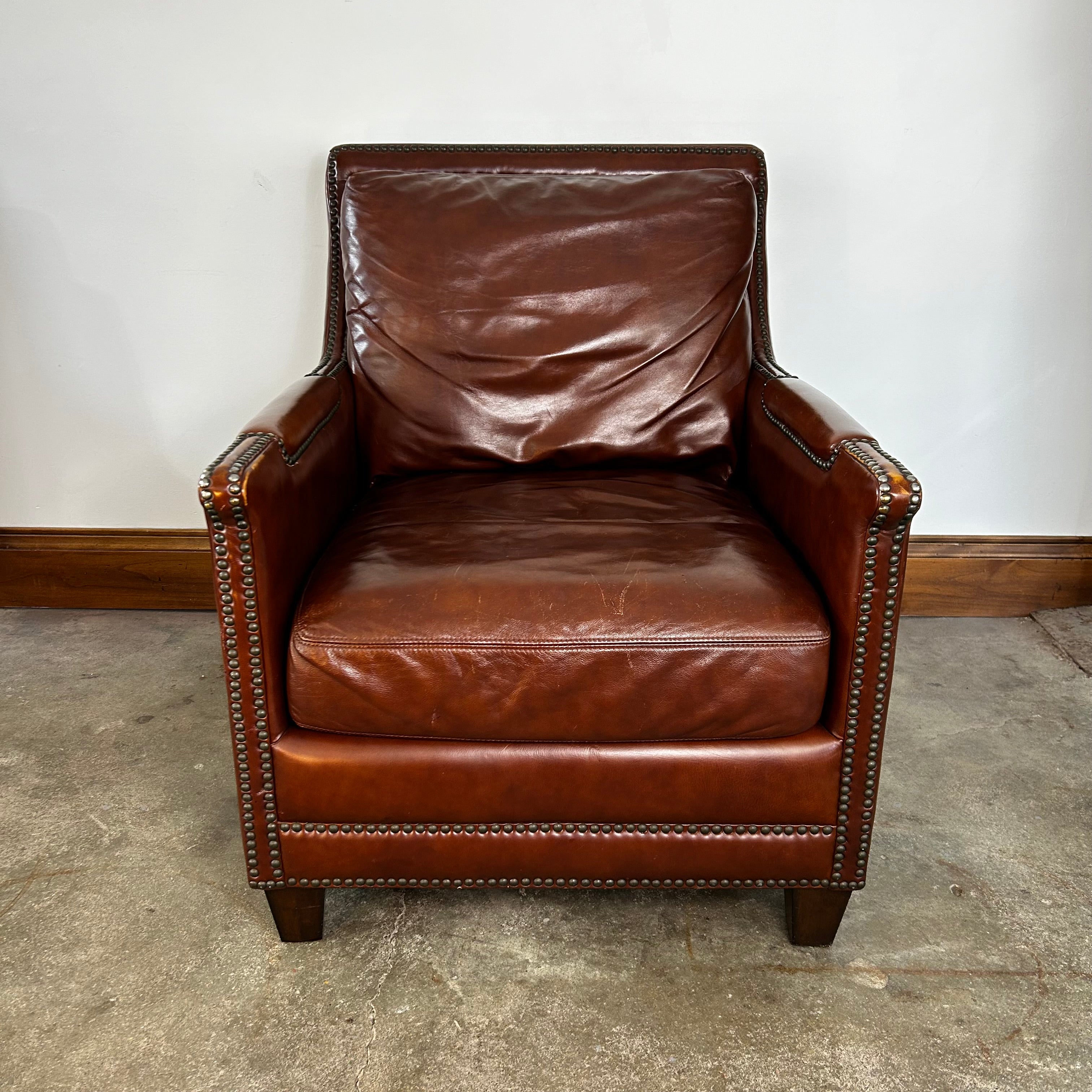 Lounge Chair, Leather Arm Chair, in Deep Rust Brown