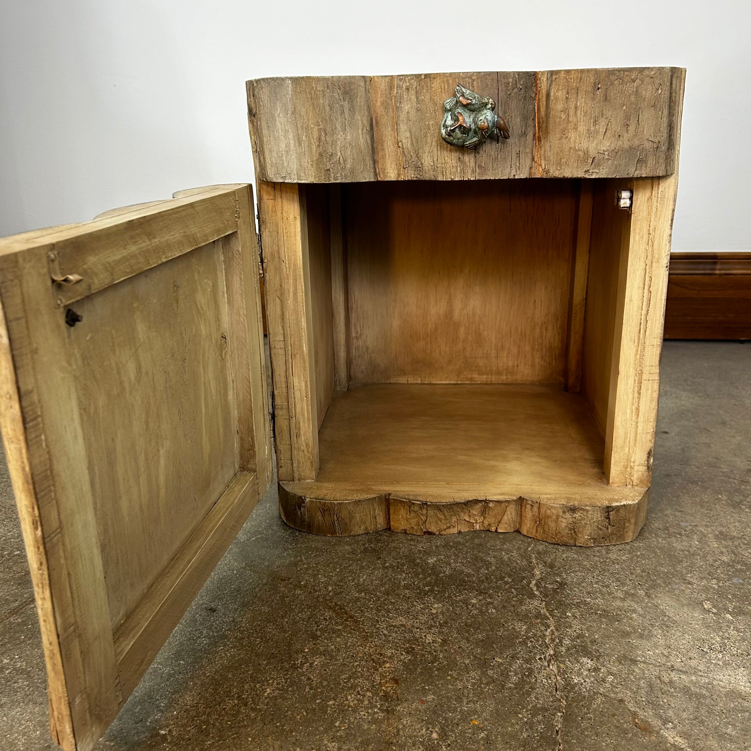 Rustic Log Cabinet with Drawer and Bronze Pulls, Natural Stain