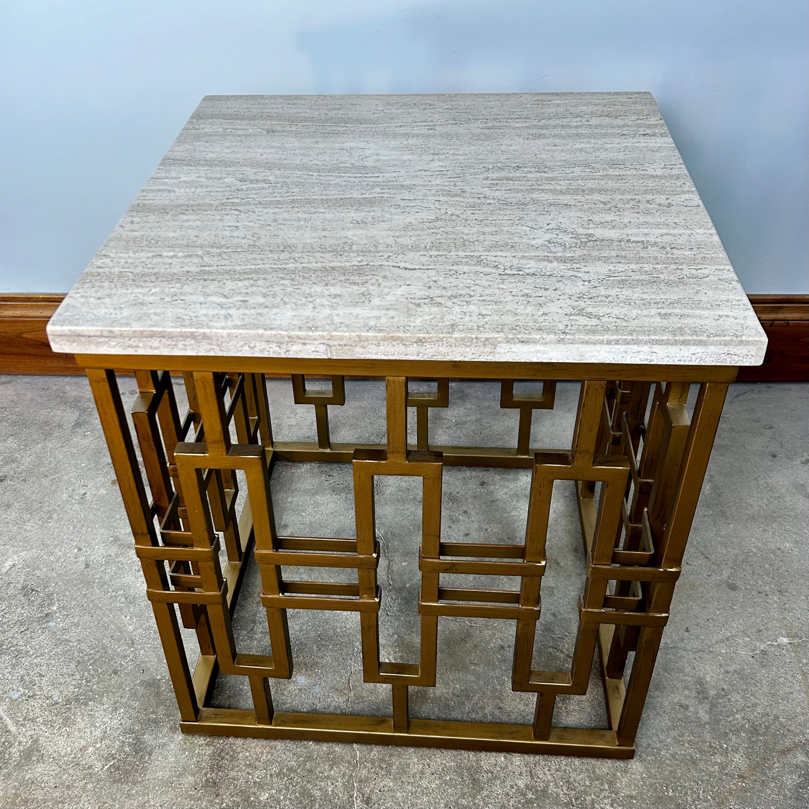 CTH Sherrill Chicklet Collection End Table, Honed Travertine, Golden Metal Base