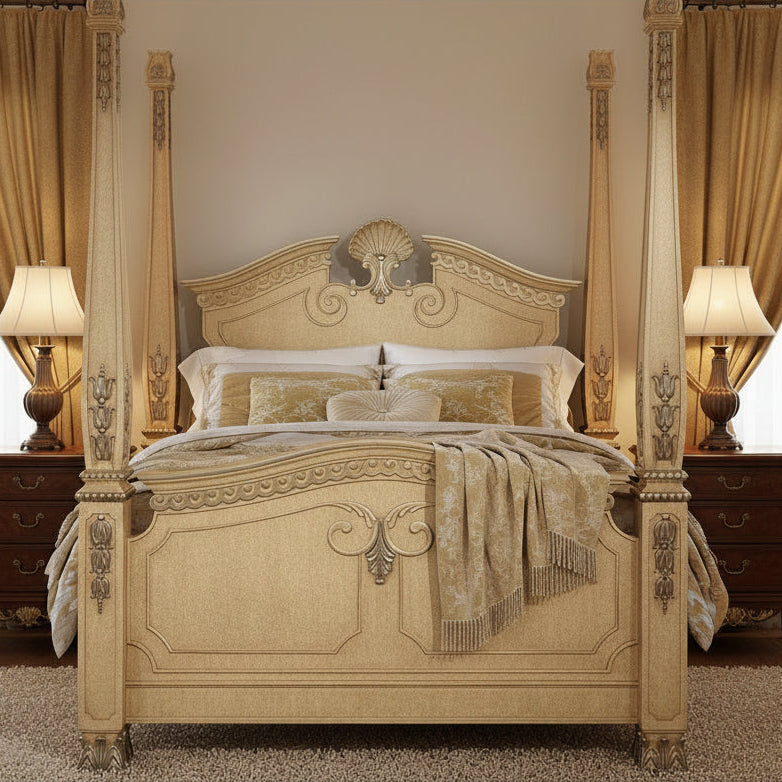 Queen Bed Frame, Off White with Silver Detail, Sku: 033301