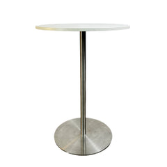 Alessi Small Pedestal Table, Italian, White Top, Brushed Steel Base