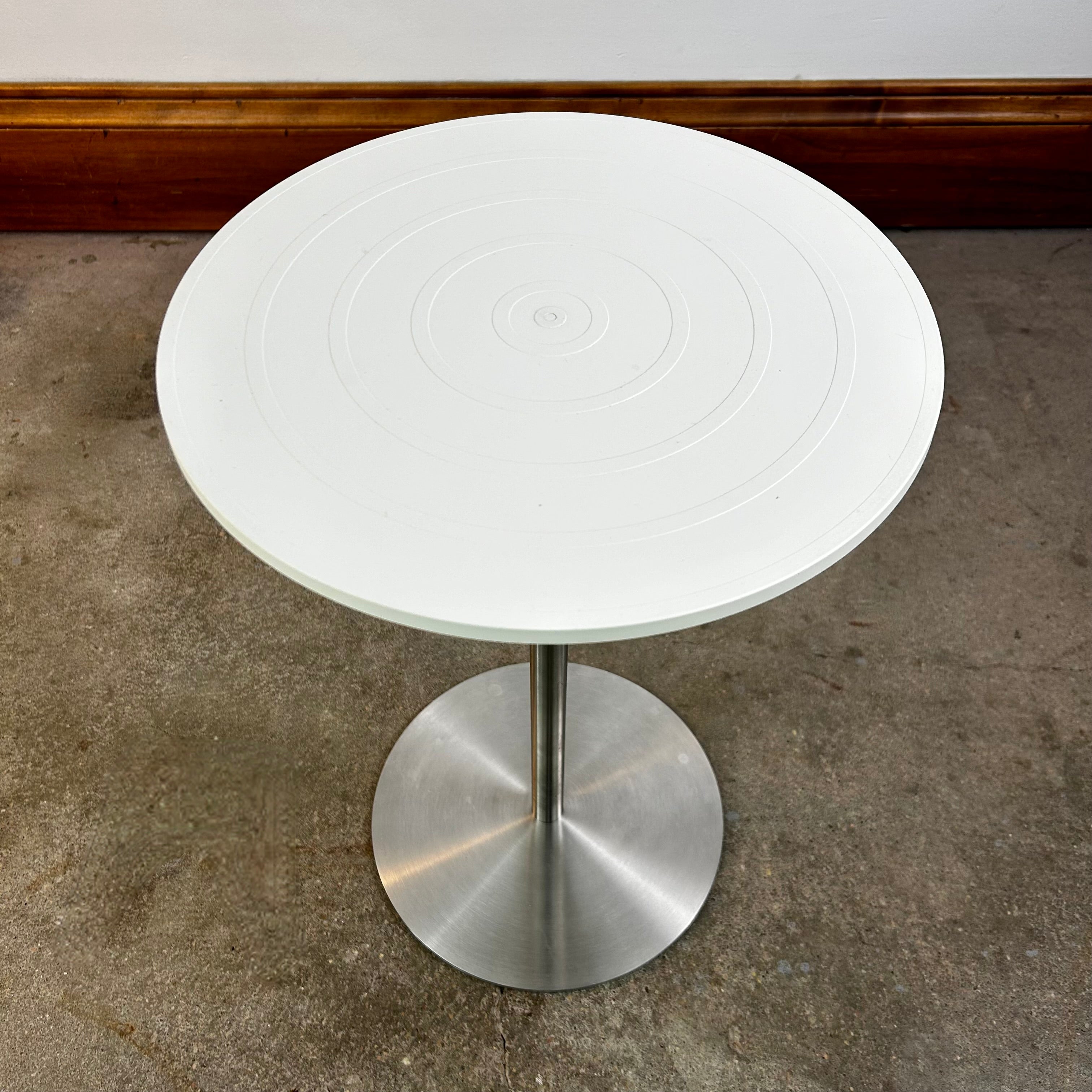 Alessi Small Pedestal Table, Italian, White Top, Brushed Steel Base