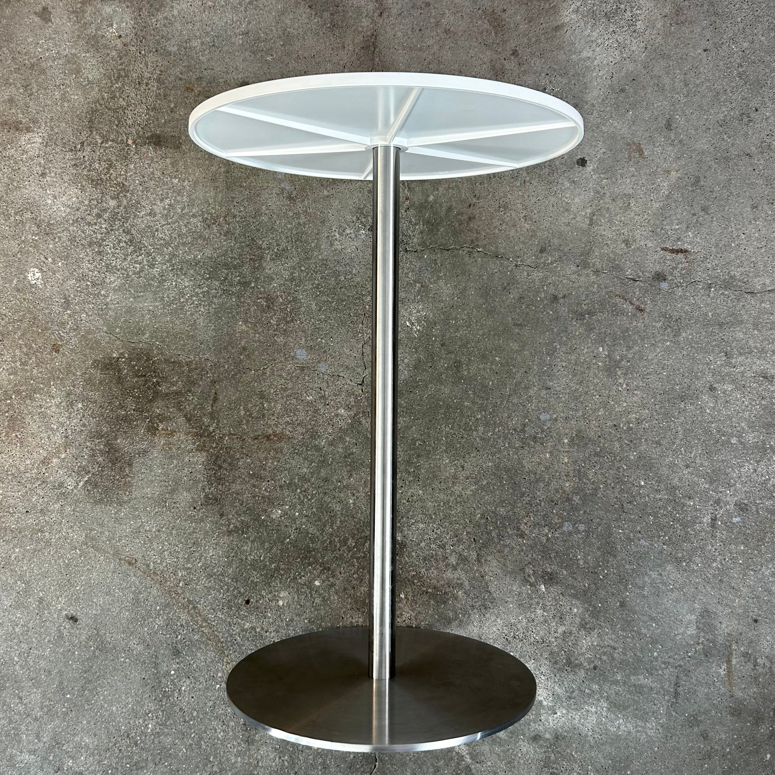 Alessi Small Pedestal Table, Italian, White Top, Brushed Steel Base