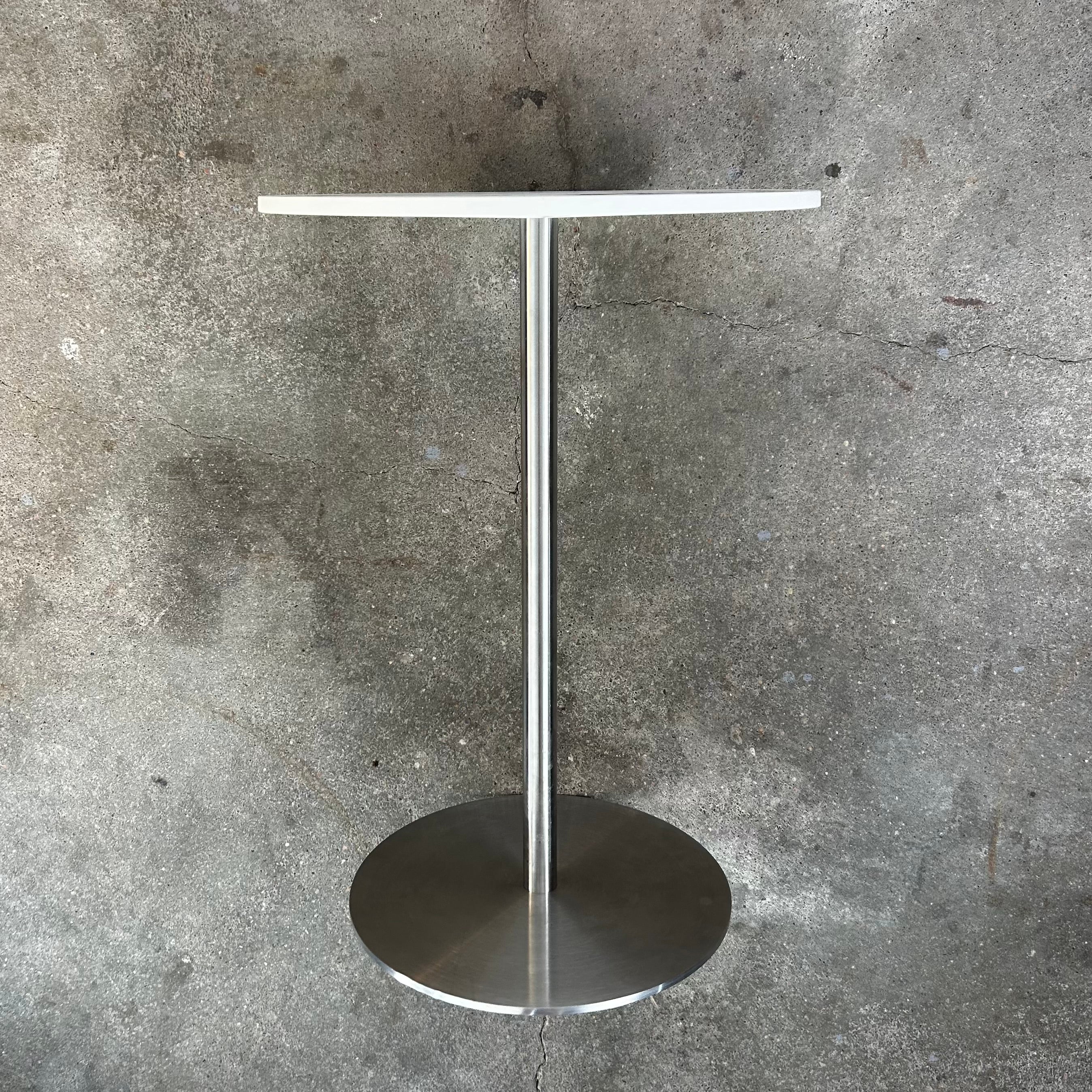 Alessi Small Pedestal Table, Italian, White Top, Brushed Steel Base