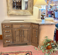 Corner Bathroom Vanity, Kohler Sink, Light Brown Stain, Stone Top, Silver Hardware, Sku: 033310
