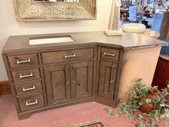 Corner Bathroom Vanity, Kohler Sink, Light Brown Stain, Stone Top, Silver Hardware, Sku: 033310