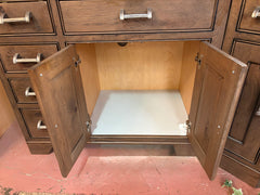 Corner Bathroom Vanity, Kohler Sink, Light Brown Stain, Stone Top, Silver Hardware, Sku: 033310