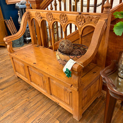 Rustic Bench, Pinewood with Seat Compartment, Flower Design, Sku: 024014