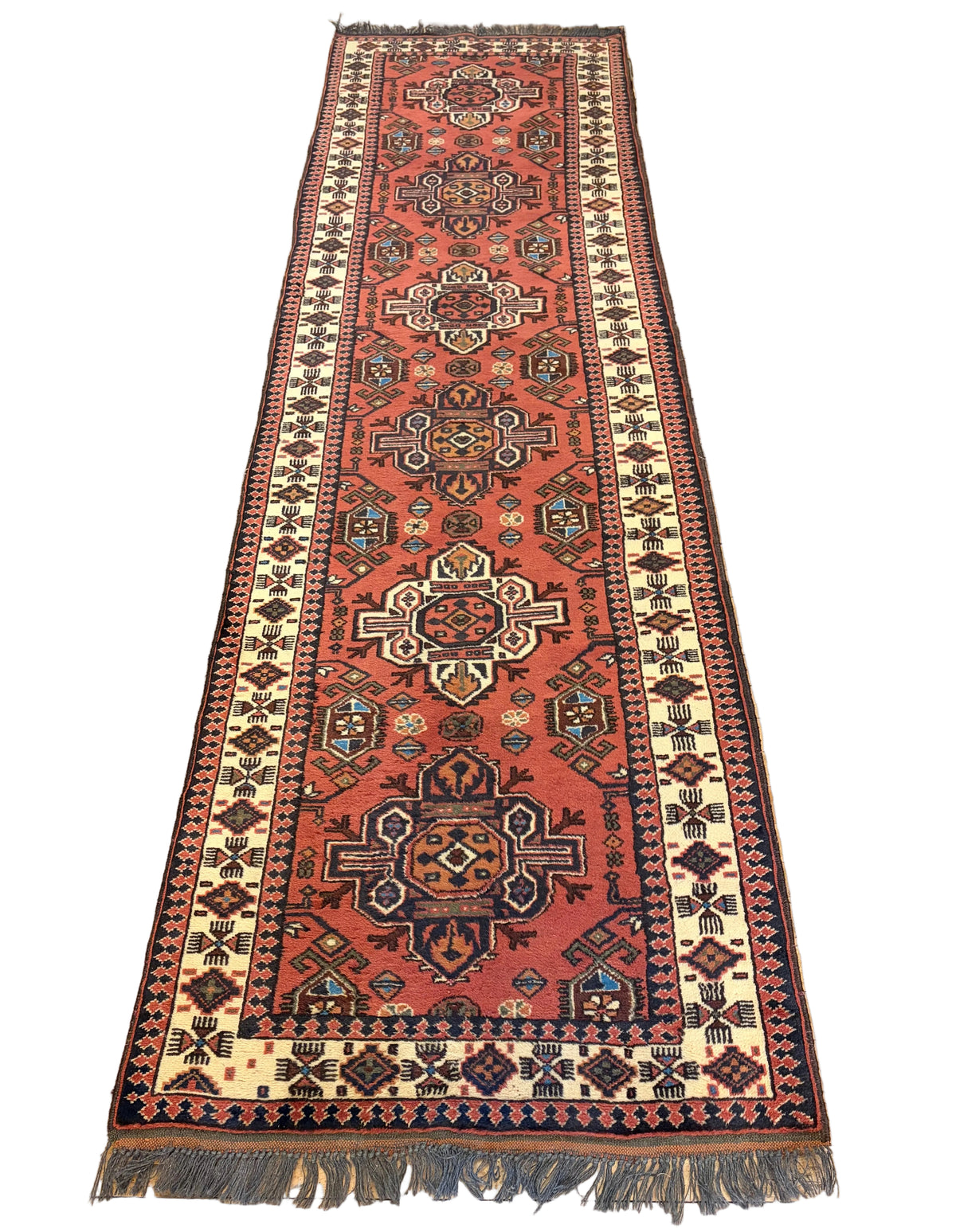 Antique / Vintage 100% Wool Runner Heriz Karajeh Persian Rug in Rust, Blue, Ivory, Black, Sku: 033320