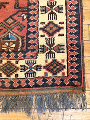 Antique / Vintage 100% Wool Runner Heriz Karajeh Persian Rug in Rust, Blue, Ivory, Black, Sku: 033320