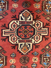 Antique / Vintage 100% Wool Runner Heriz Karajeh Persian Rug in Rust, Blue, Ivory, Black, Sku: 033320