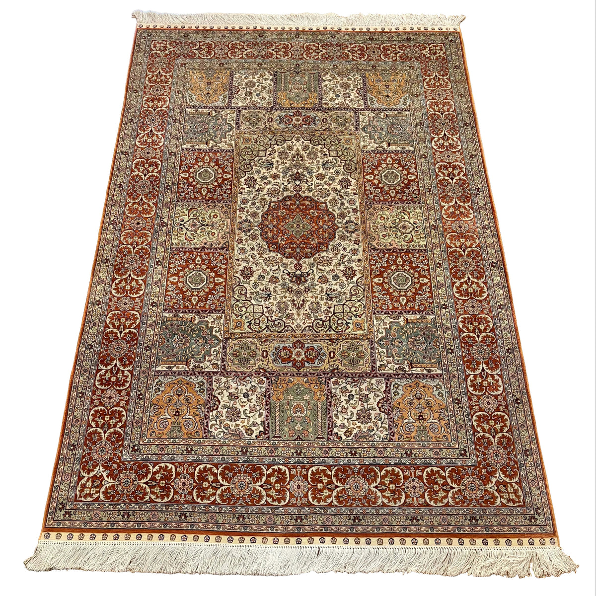 Area Silk Rug, Traditional in Style Hand Knotted Rust, Peach on Beige Ground, Sku: 033245