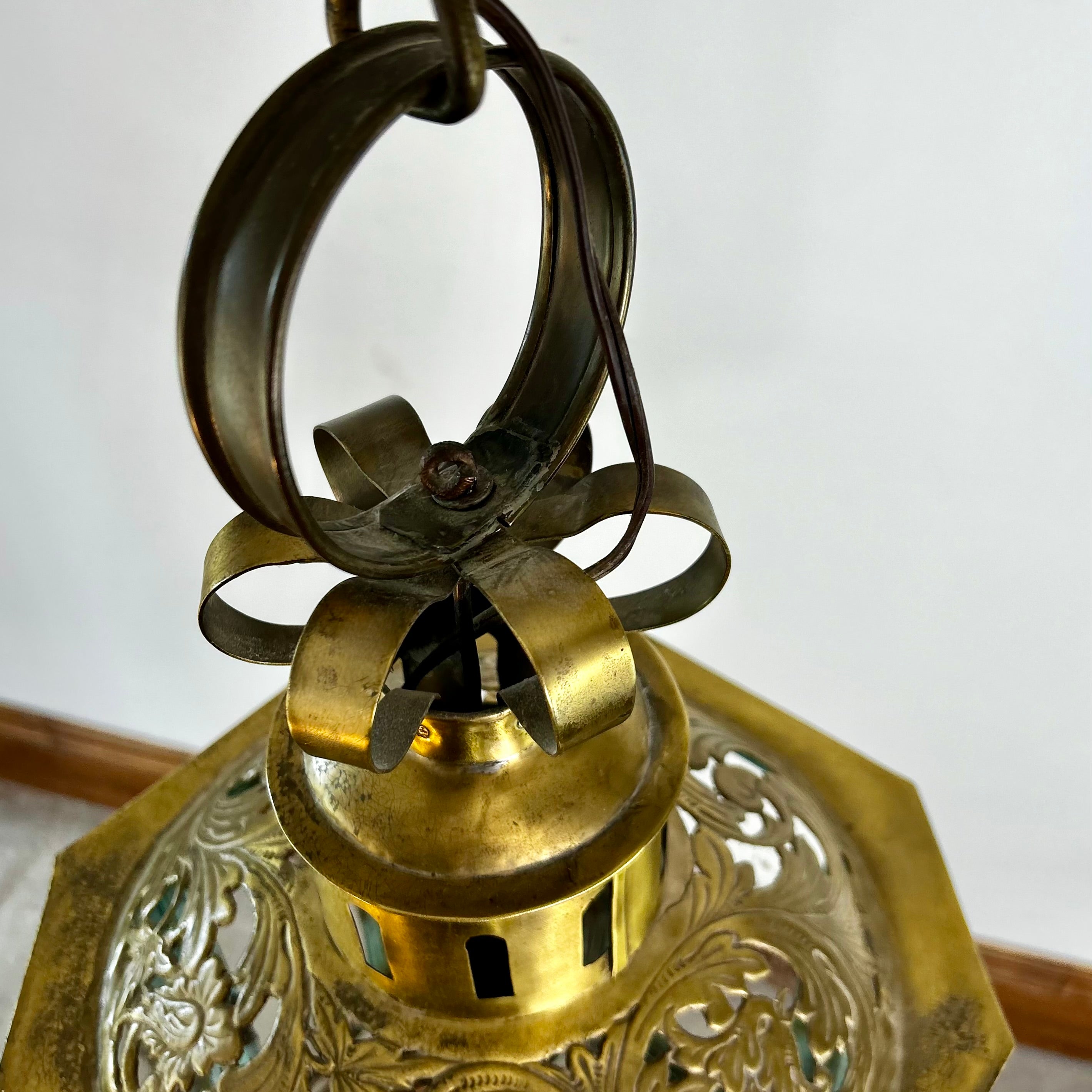 Brass Pendant Hanging Light, Vintage, Poured Glass, Two Candle Light