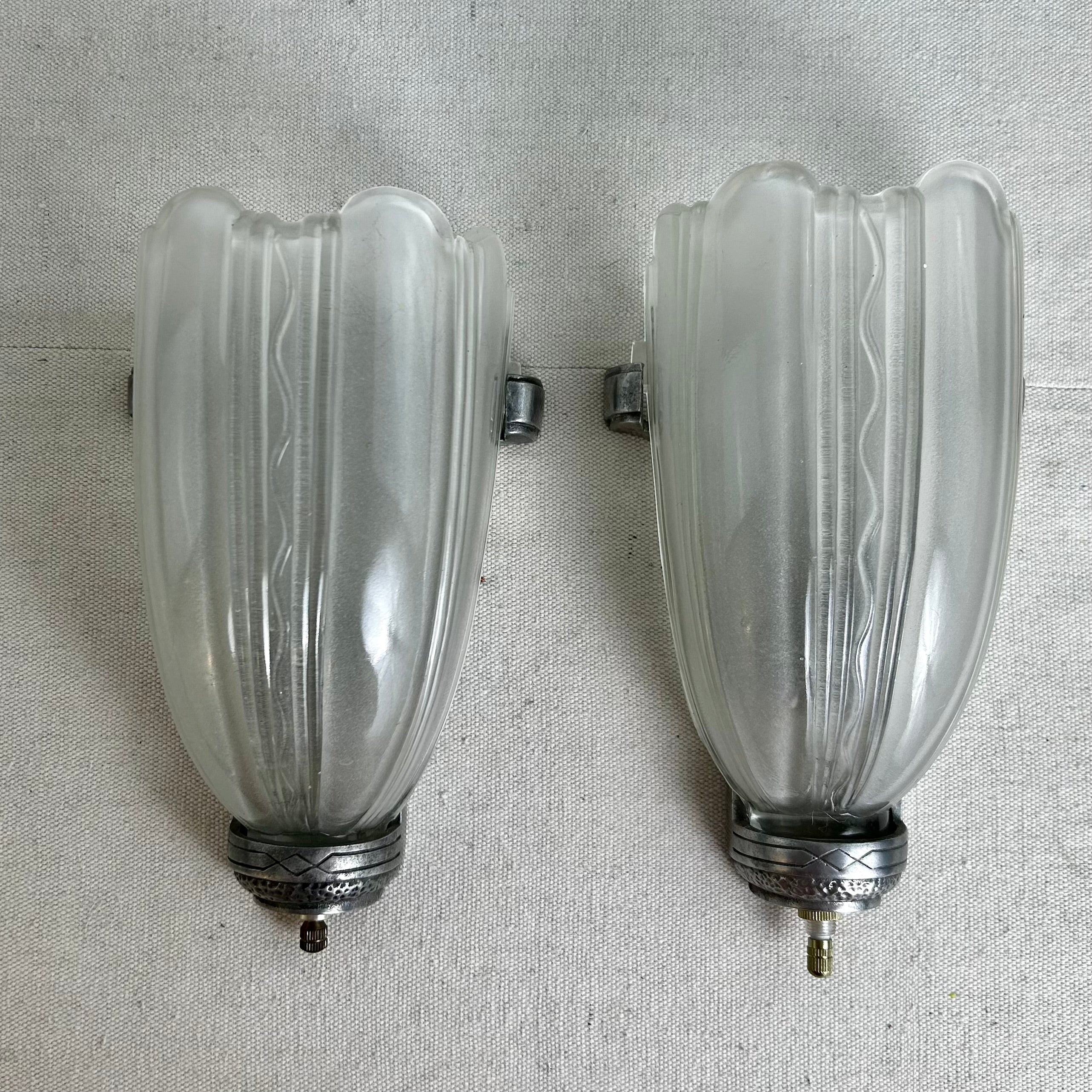 Wall Sconce, Vintage, Pair, Deco Style, Silver, Frosted Fluted Glass