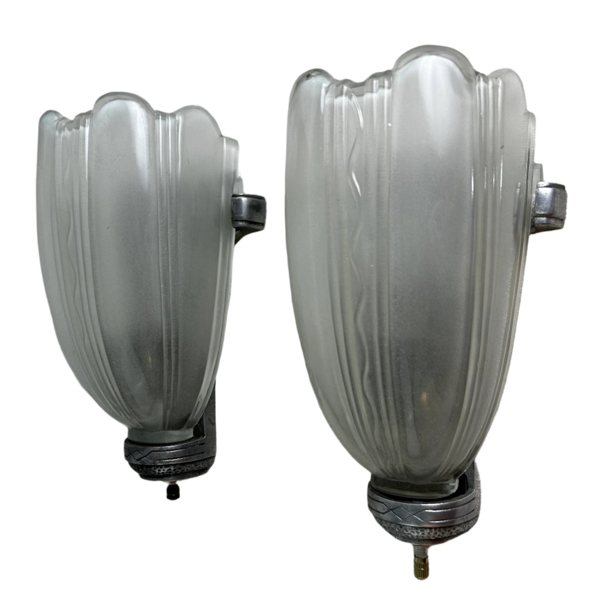 Wall Sconce, Vintage, Pair, Deco Style, Silver, Frosted Fluted Glass