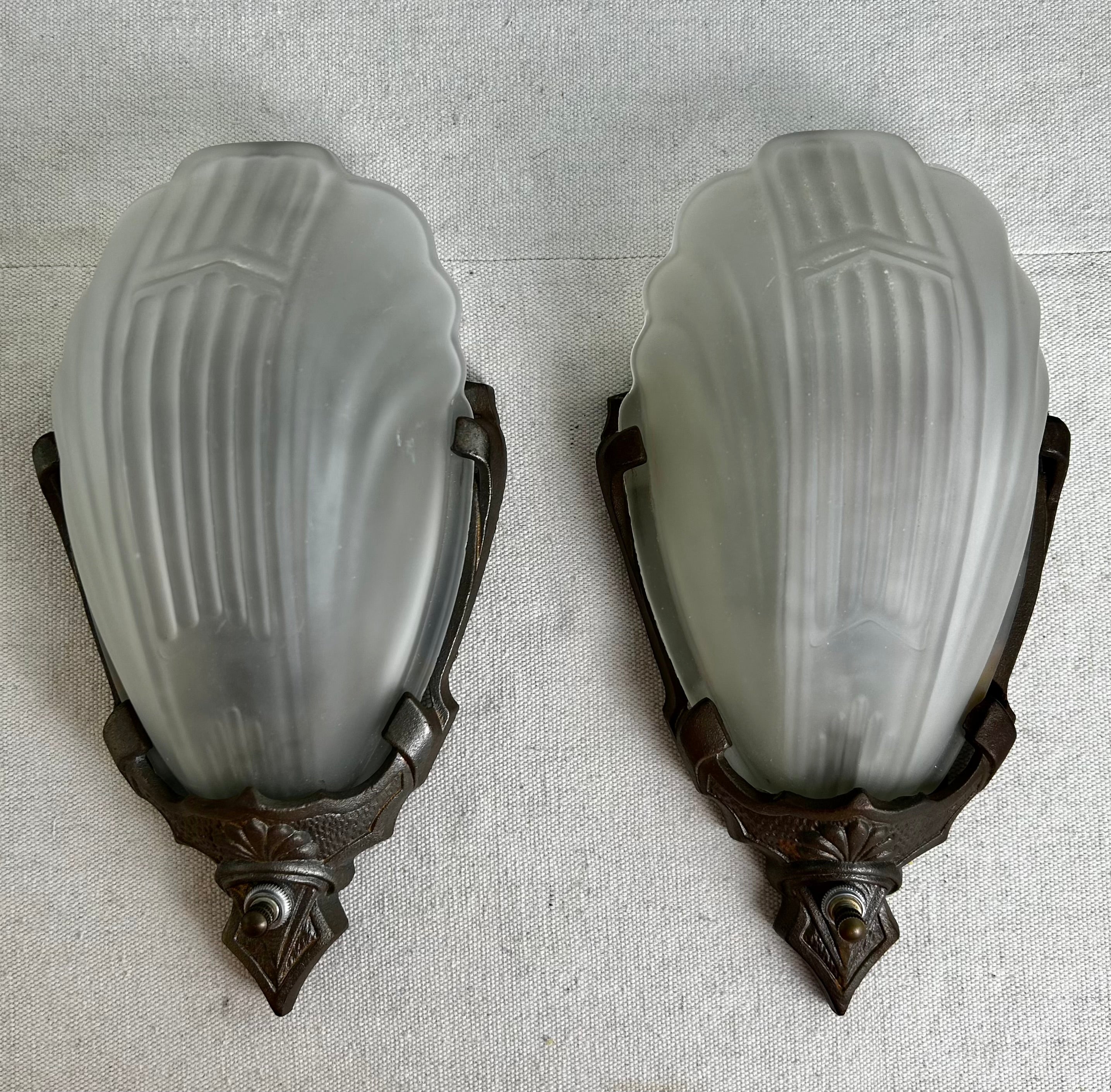 Vintage Art Deco Wall Sconces, Pair, with Frosted, Fluted Glass, Pewter Frame