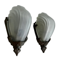 Vintage Art Deco Wall Sconces, Pair, with Frosted, Fluted Glass, Pewter Frame