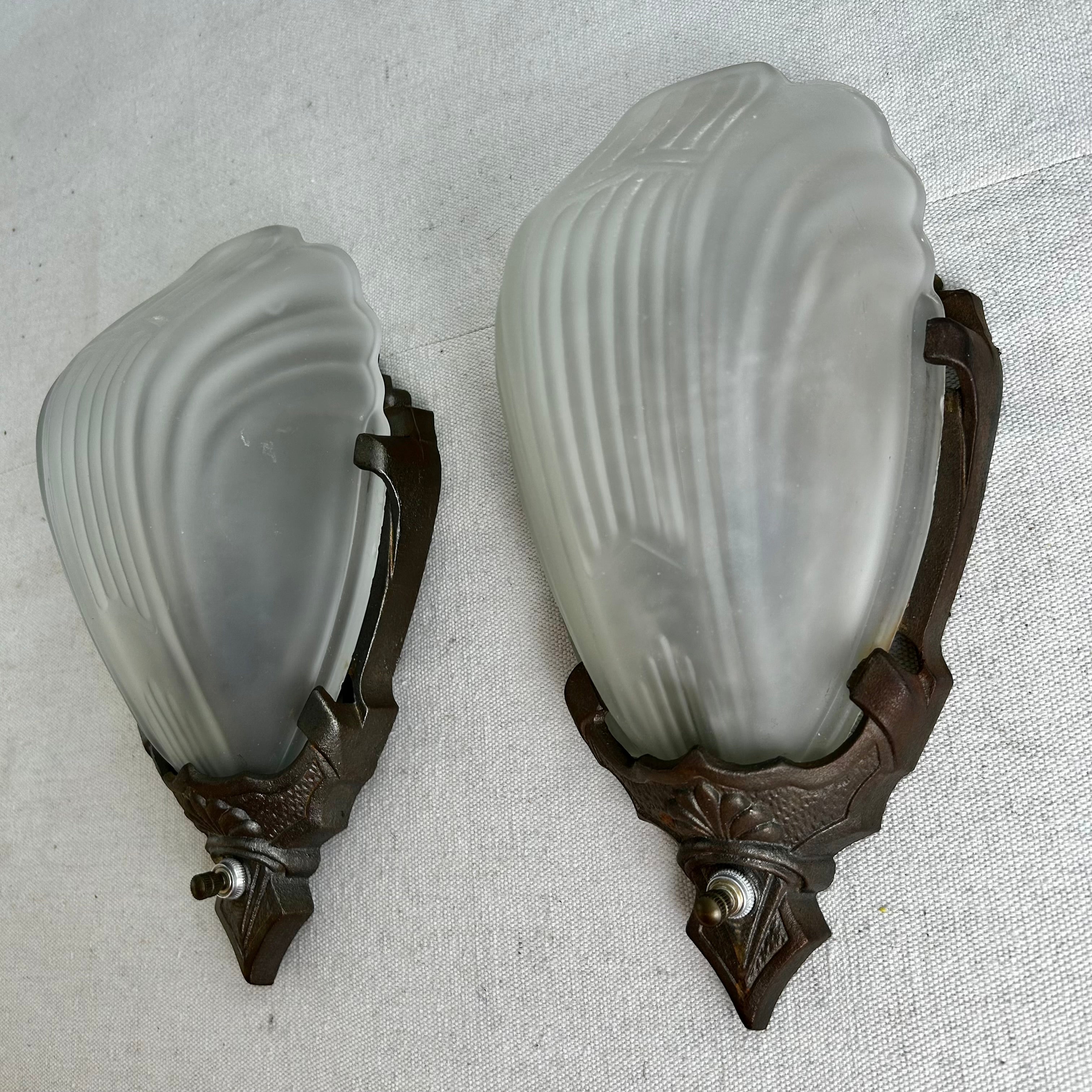 Vintage Art Deco Wall Sconces, Pair, with Frosted, Fluted Glass, Pewter Frame