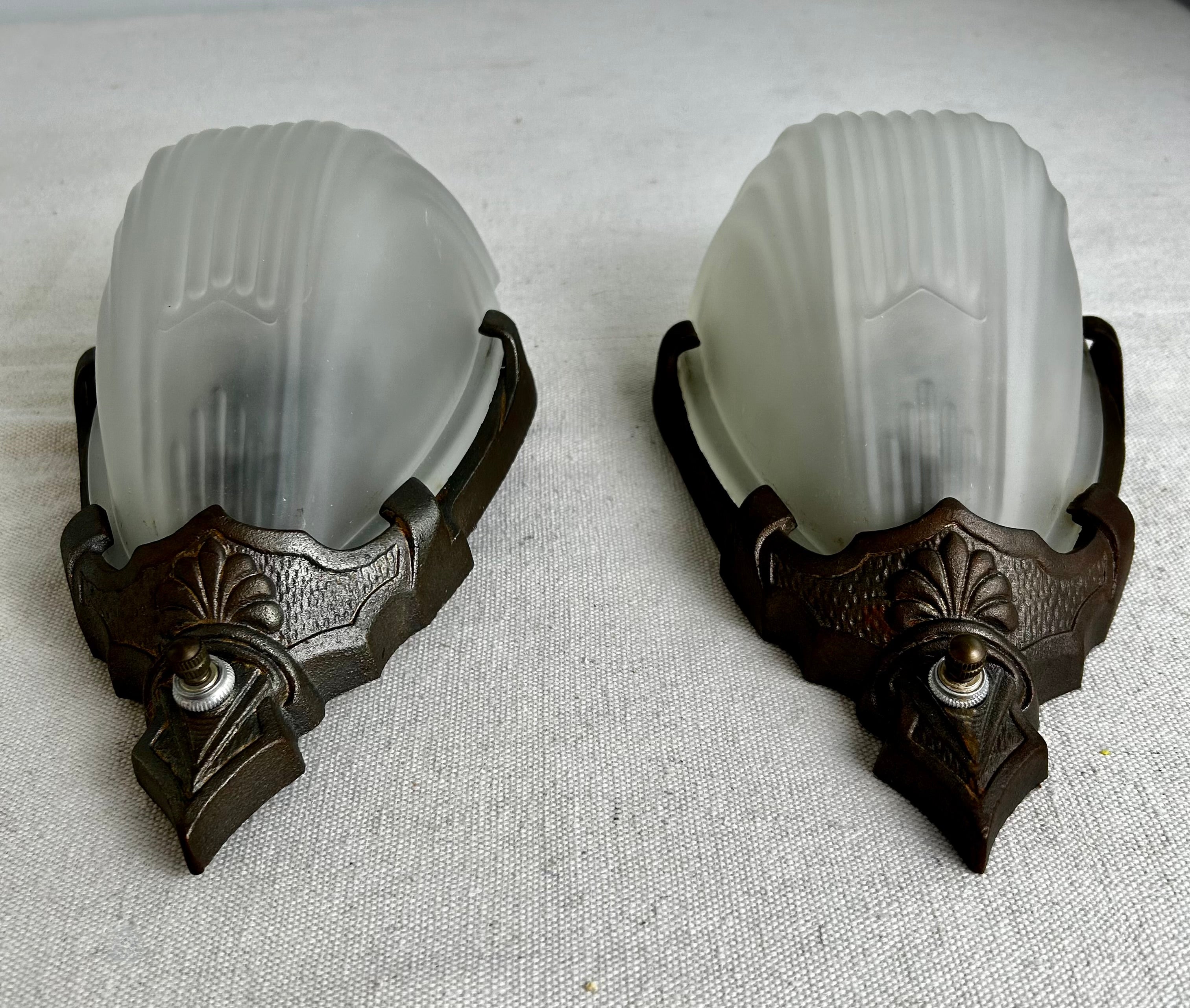 Vintage Art Deco Wall Sconces, Pair, with Frosted, Fluted Glass, Pewter Frame