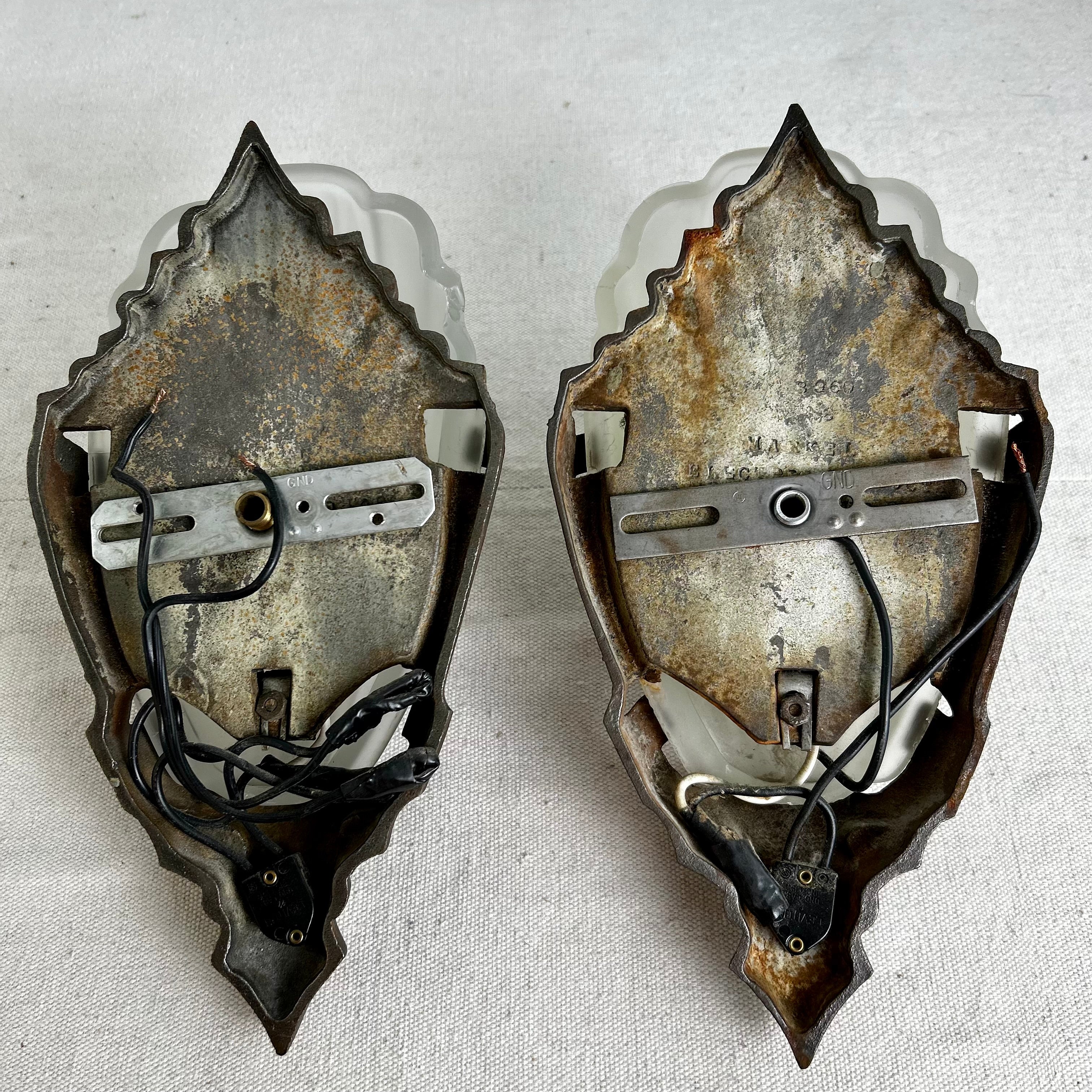 Vintage Art Deco Wall Sconces, Pair, with Frosted, Fluted Glass, Pewter Frame