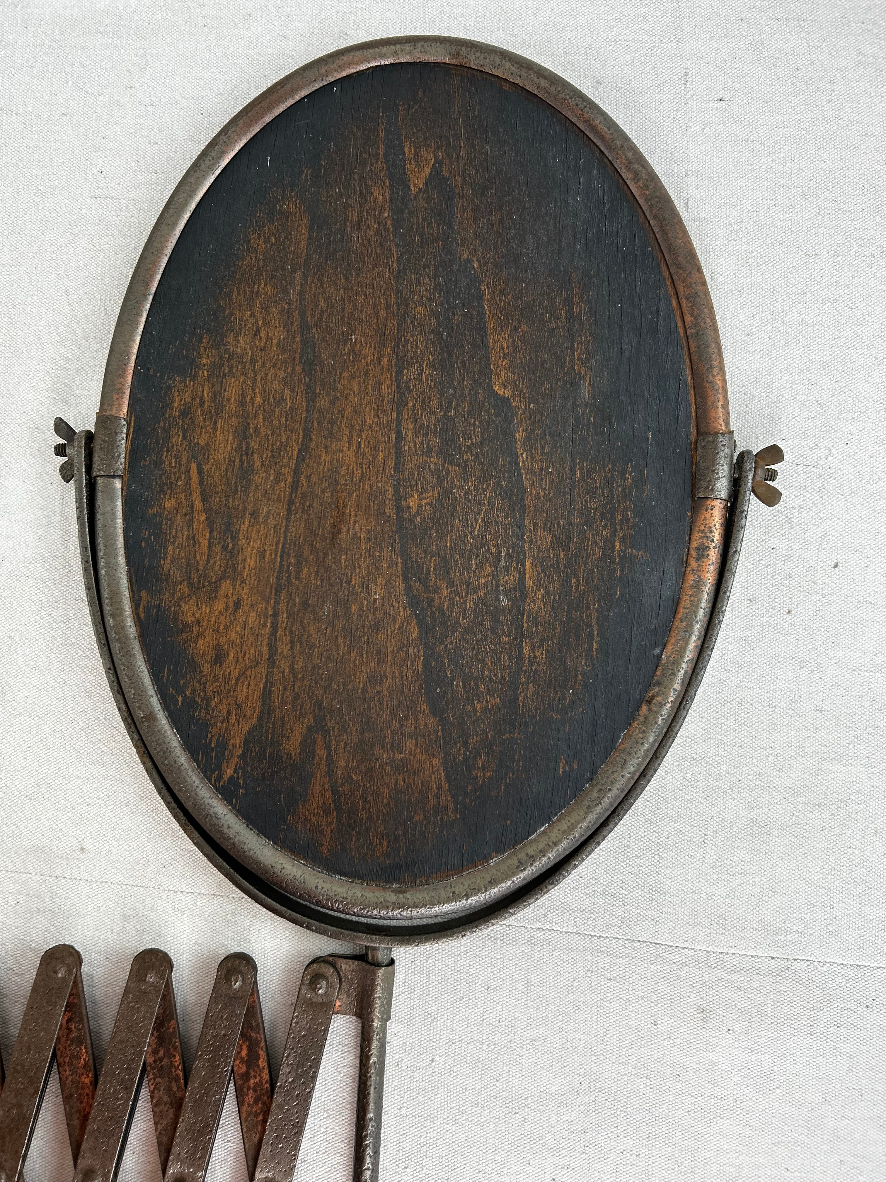 Wall Mirror, Vintage, Adjustable Scissoring, Oval, Beveled Glass, Metal Frame