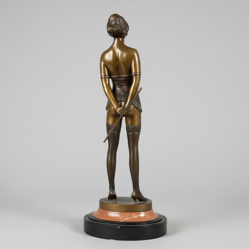 Bronze sculpture of a figure holding a rod against a textured wall.