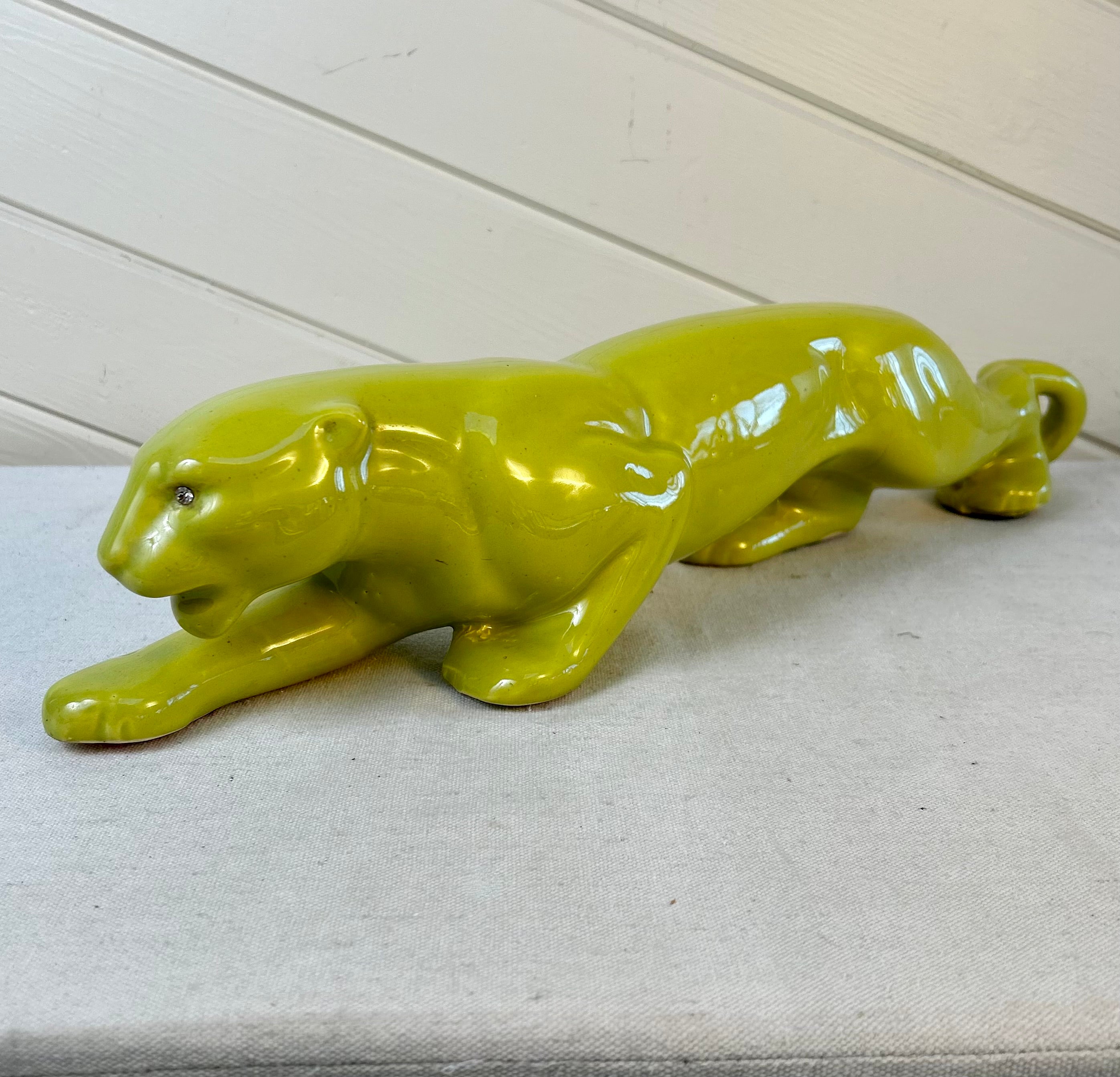 Vintage Lime Green Porcelain Crouching Panther with Light, Diamond Eye, MCM