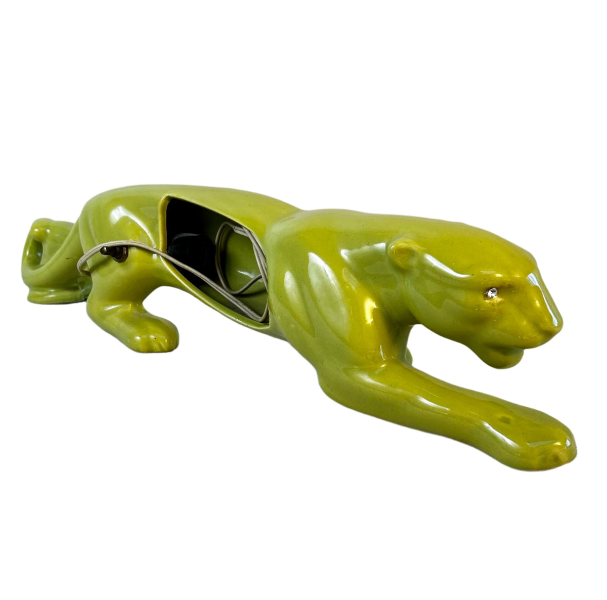 Vintage Lime Green Porcelain Crouching Panther with Light, Diamond Eye, MCM