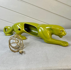 Vintage Lime Green Porcelain Crouching Panther with Light, Diamond Eye, MCM