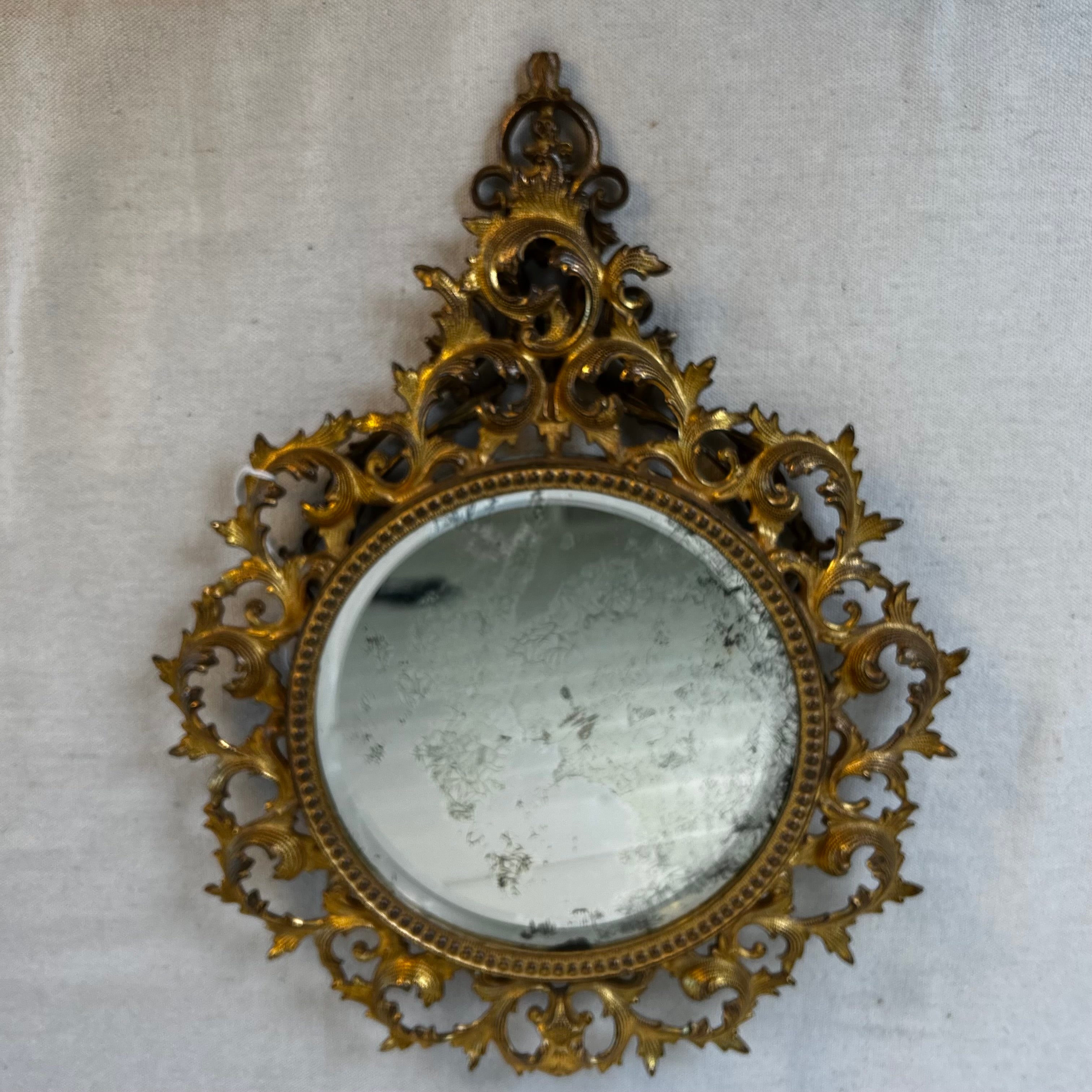 Victorian Era Small Gold Gilt Mirror with Stand, Round, Beveled Edge