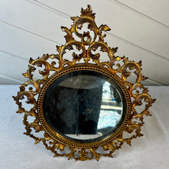 Victorian Era Small Gold Gilt Mirror with Stand, Round, Beveled Edge