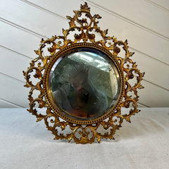 Victorian Era Small Gold Gilt Mirror with Stand, Round, Beveled Edge