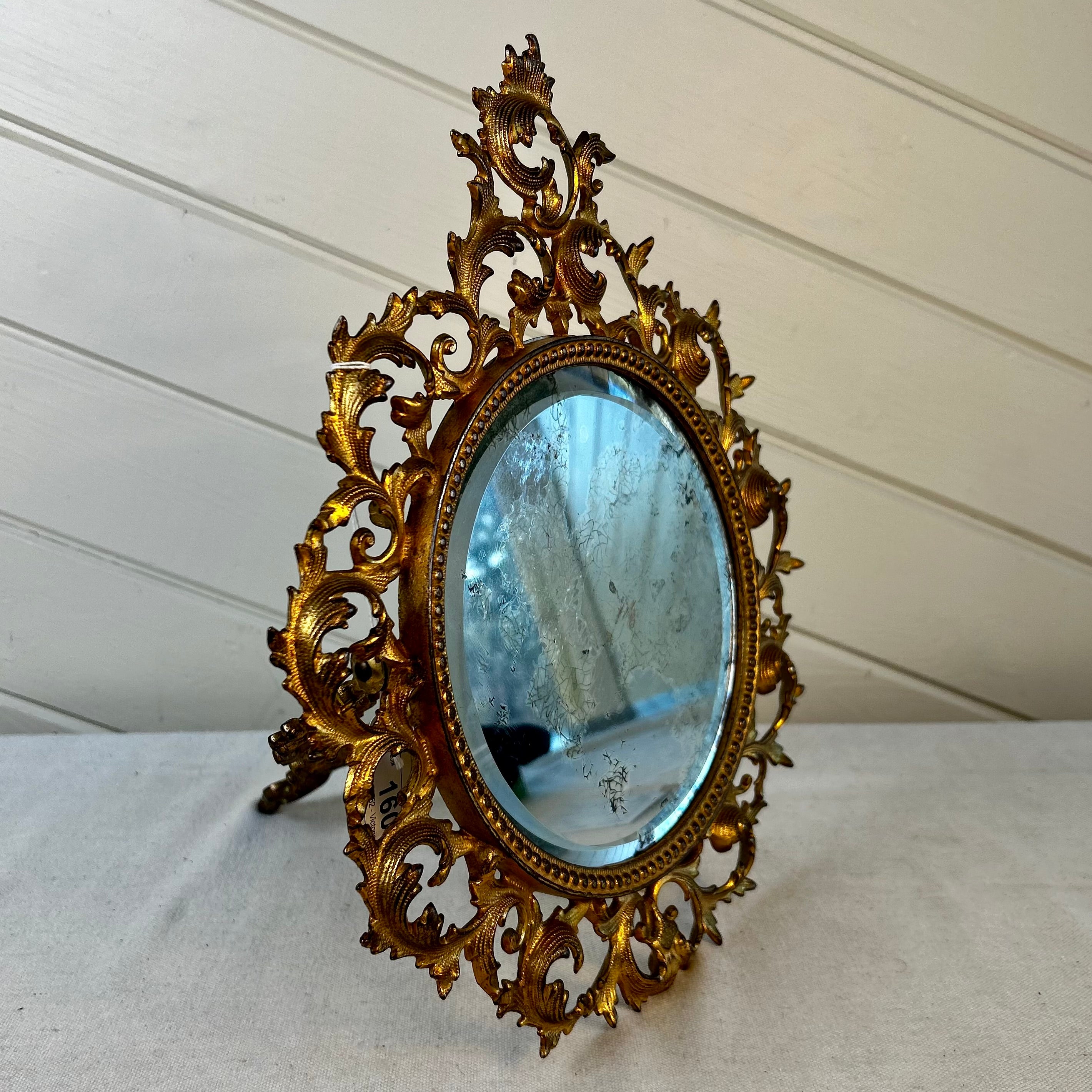 Victorian Era Small Gold Gilt Mirror with Stand, Round, Beveled Edge