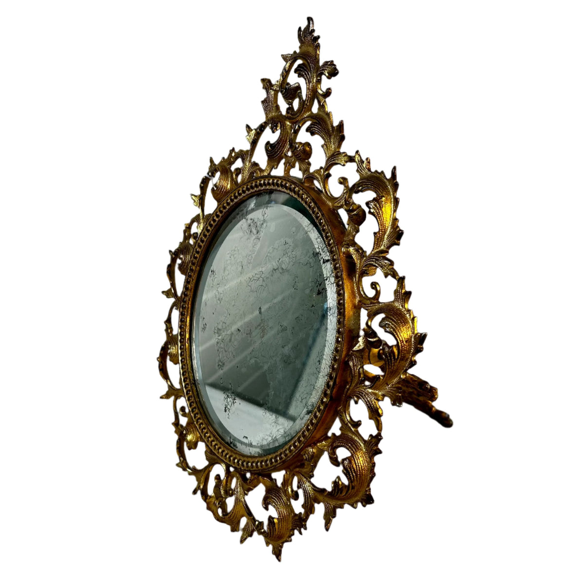 Victorian Era Small Gold Gilt Mirror with Stand, Round, Beveled Edge