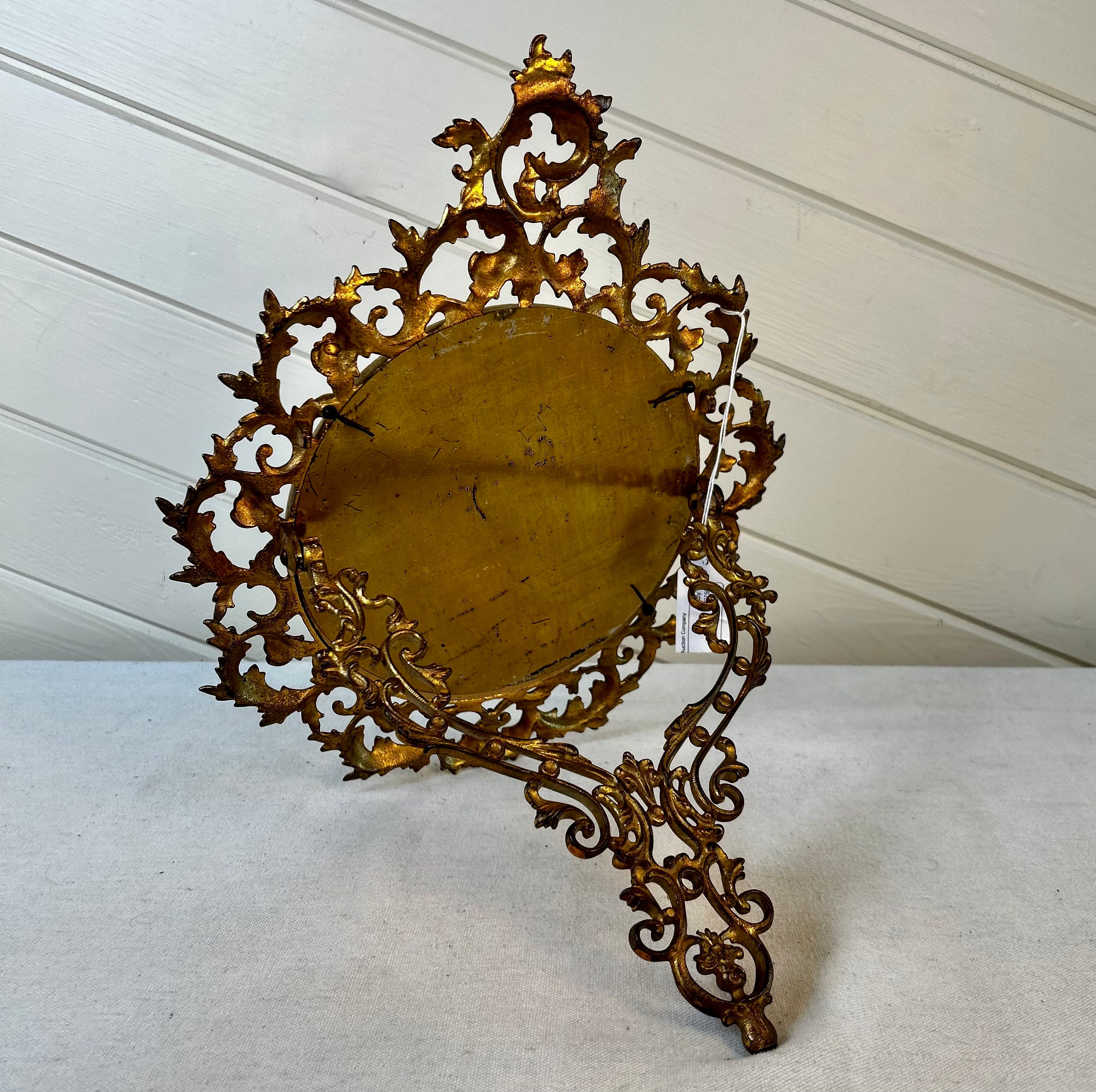 Victorian Era Small Gold Gilt Mirror with Stand, Round, Beveled Edge