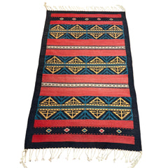 Mexican Indian Wool Area Rug, 100% Wool, Hand Crafted, Black, Green, Brick Red, Yellow, Sku: 033417