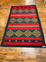 Mexican Indian Wool Area Rug, 100% Wool, Hand Crafted, Black, Green, Brick Red, Yellow, Sku: 033417