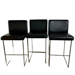 Milo Baughman Design Thayer Coggin, Inc. Set of 3 Black Leather Barstool with Nickel Frame, Contemporary