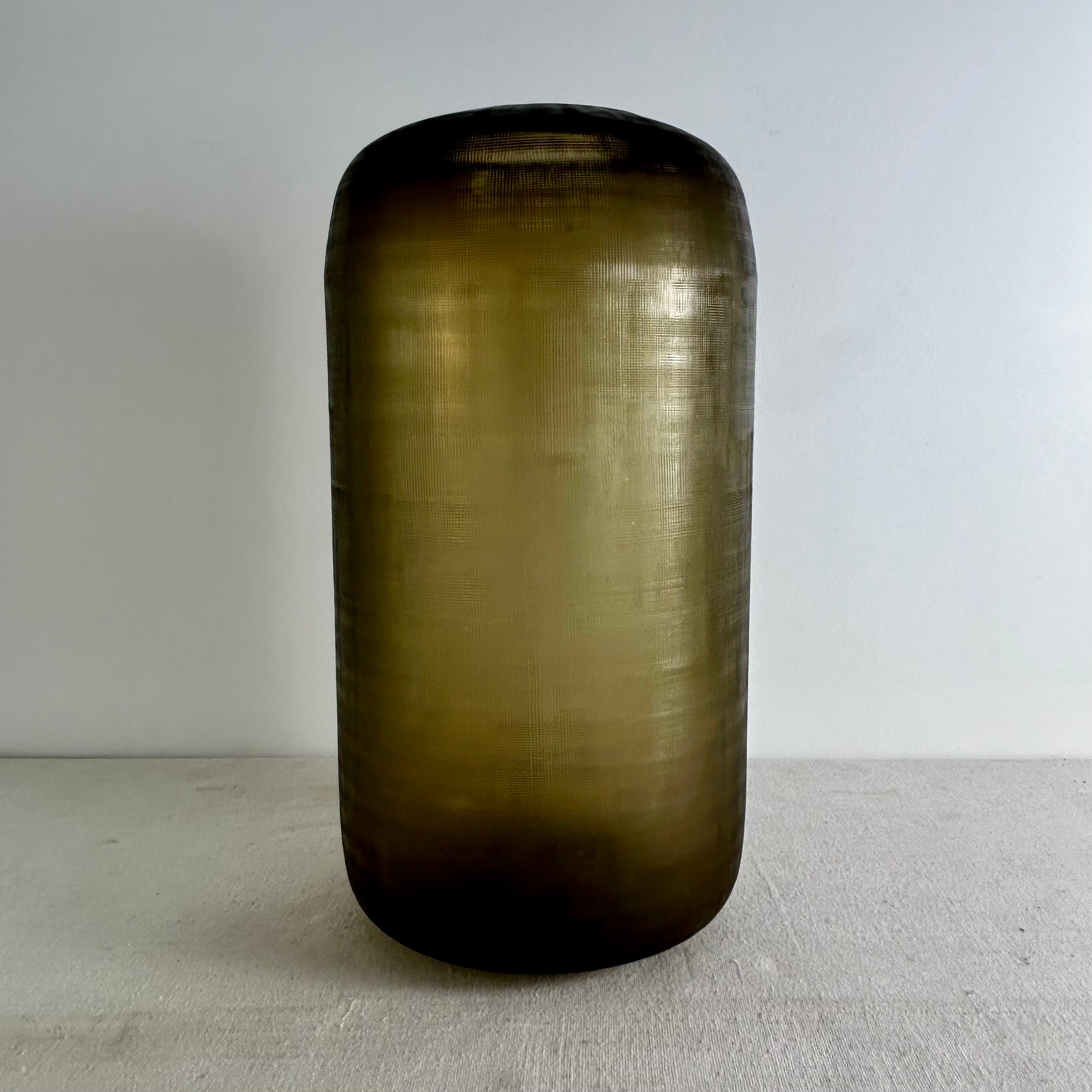 Large Dark Green Round Glass Pillar Vase, Textured Finish