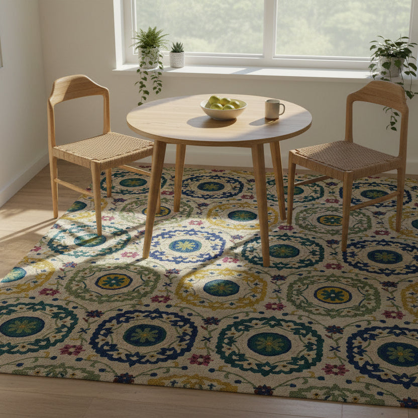 Wool Area Rug, Pile and Looped, Floral, Bright Colors, Blue, Green, Yellow, Pink, Cream, Sku: 033557