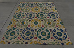 Wool Area Rug, Pile and Looped, Floral, Bright Colors, Blue, Green, Yellow, Pink, Cream, Sku: 033557
