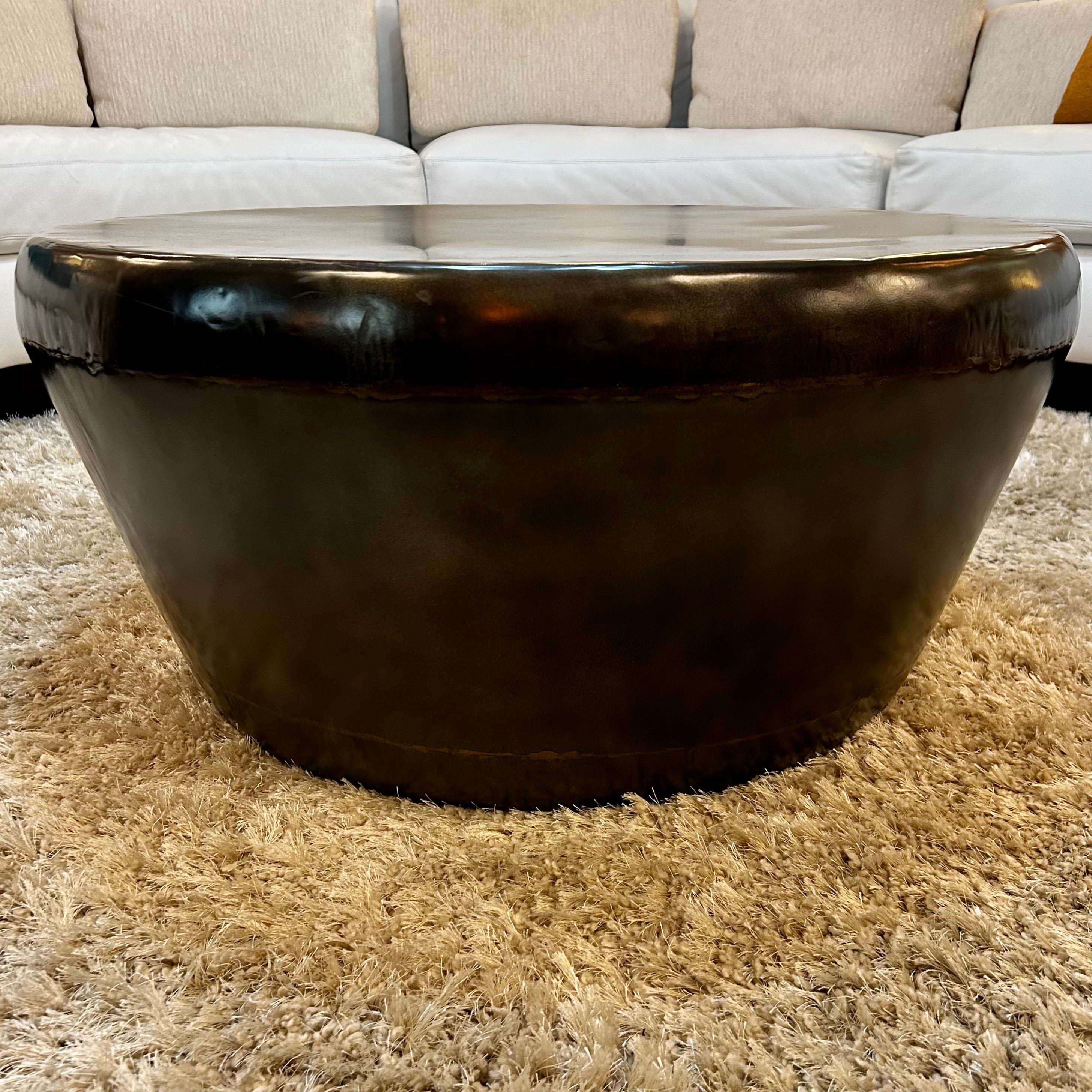 Bronze Round Metal Coffee Table, Conical Shape, Rustic