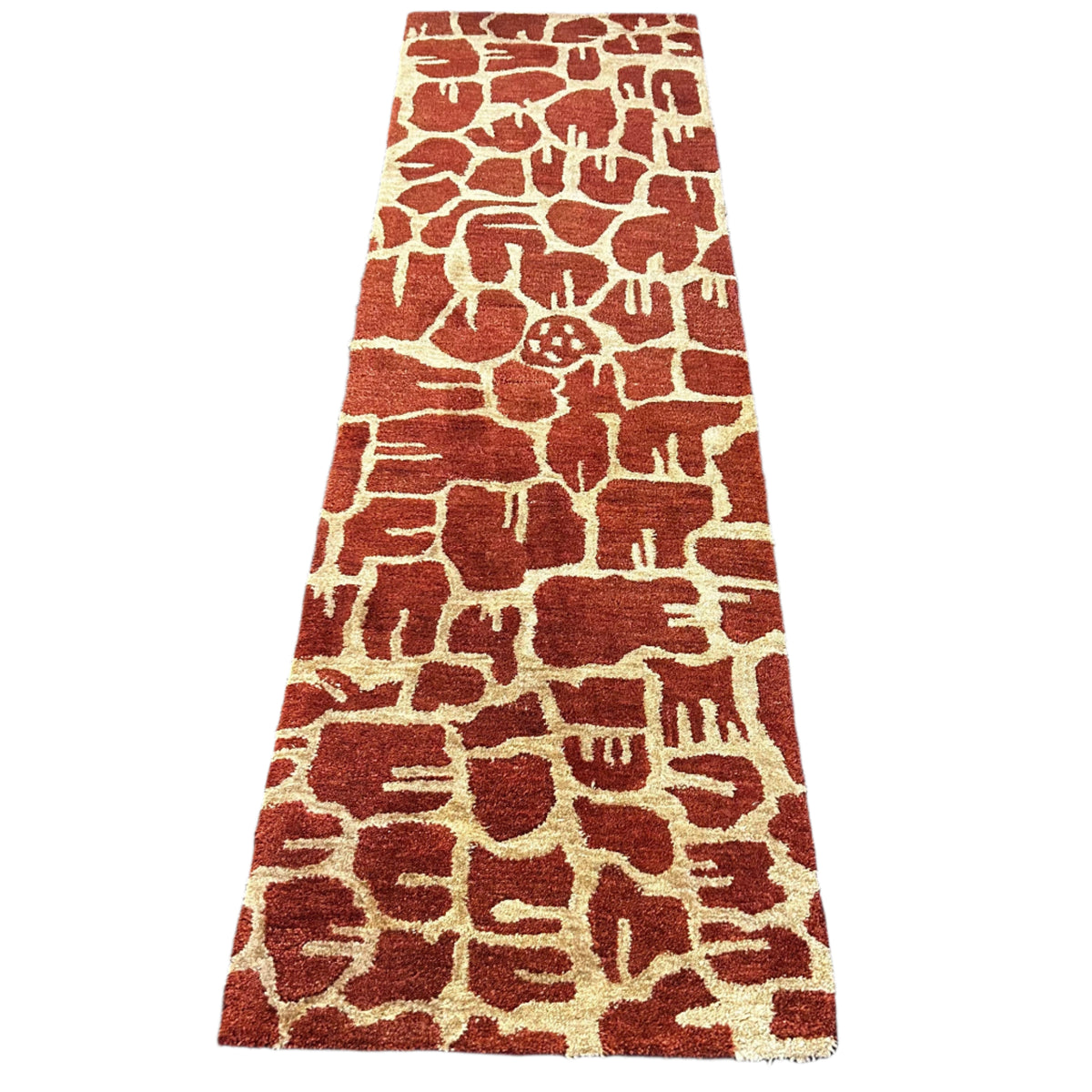 Runner Rug, Tribal Animal Shape Motif, Wool Blend, Rust and Tan